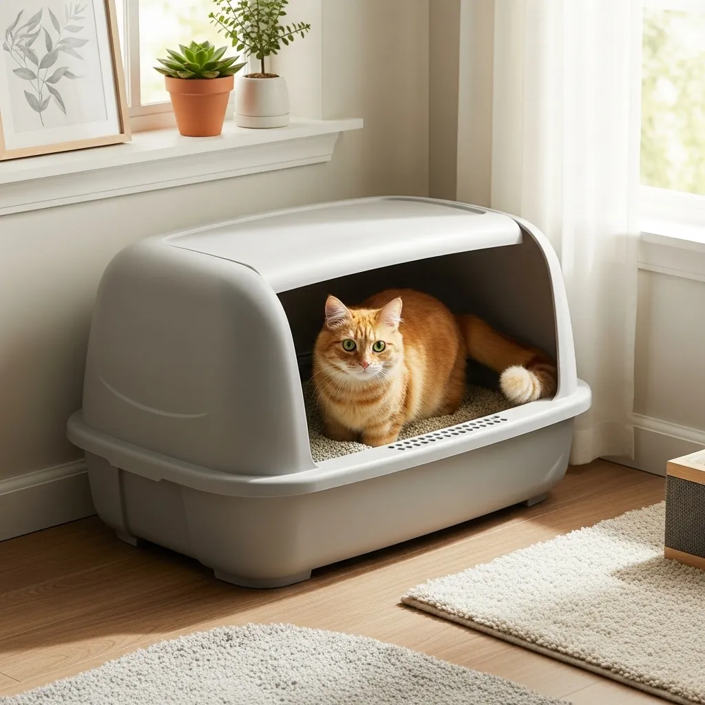  Cat using a clean, open litter box in a quiet spot to prevent spraying.
