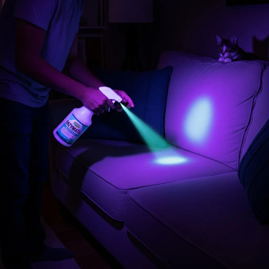  Cleaning cat spray on couch with enzymatic cleaner and UV light.