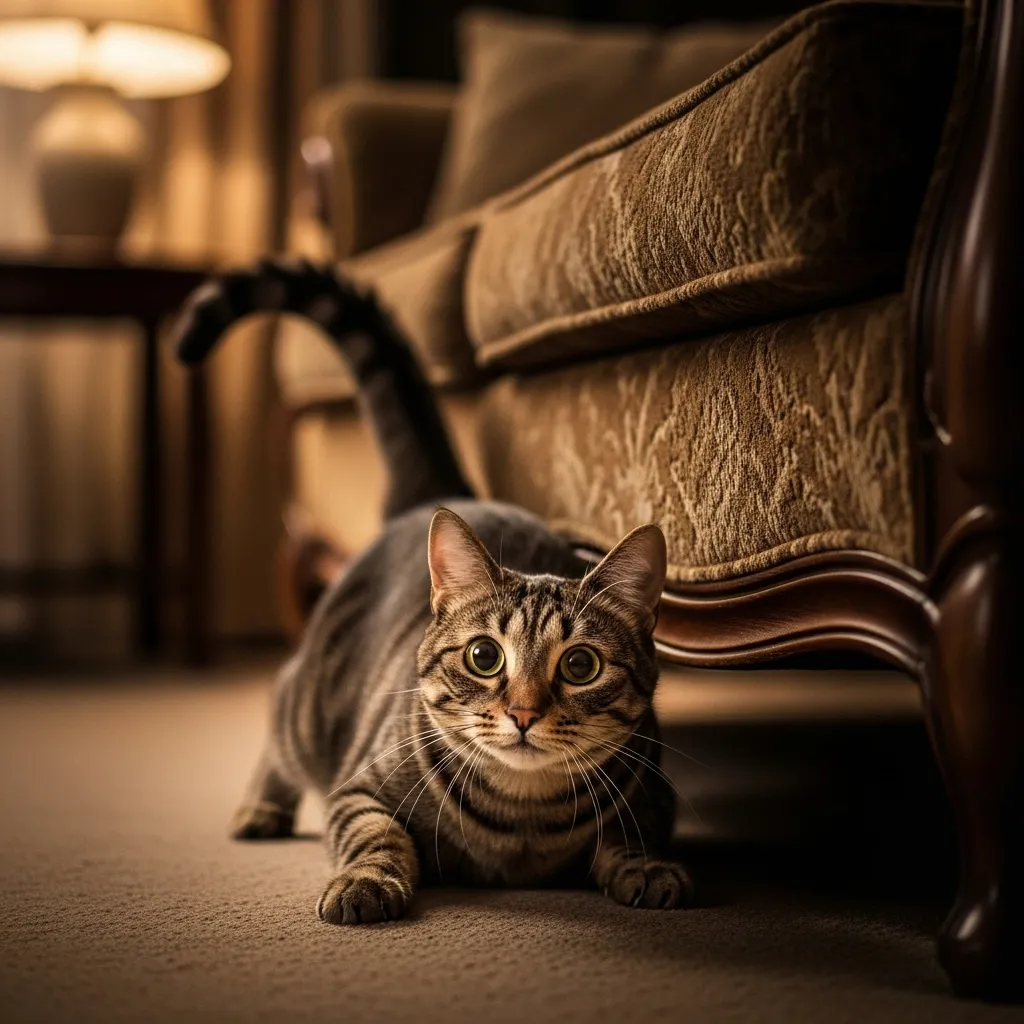 Cat with puffed tail running under couch, illustrating cat running away behavior.