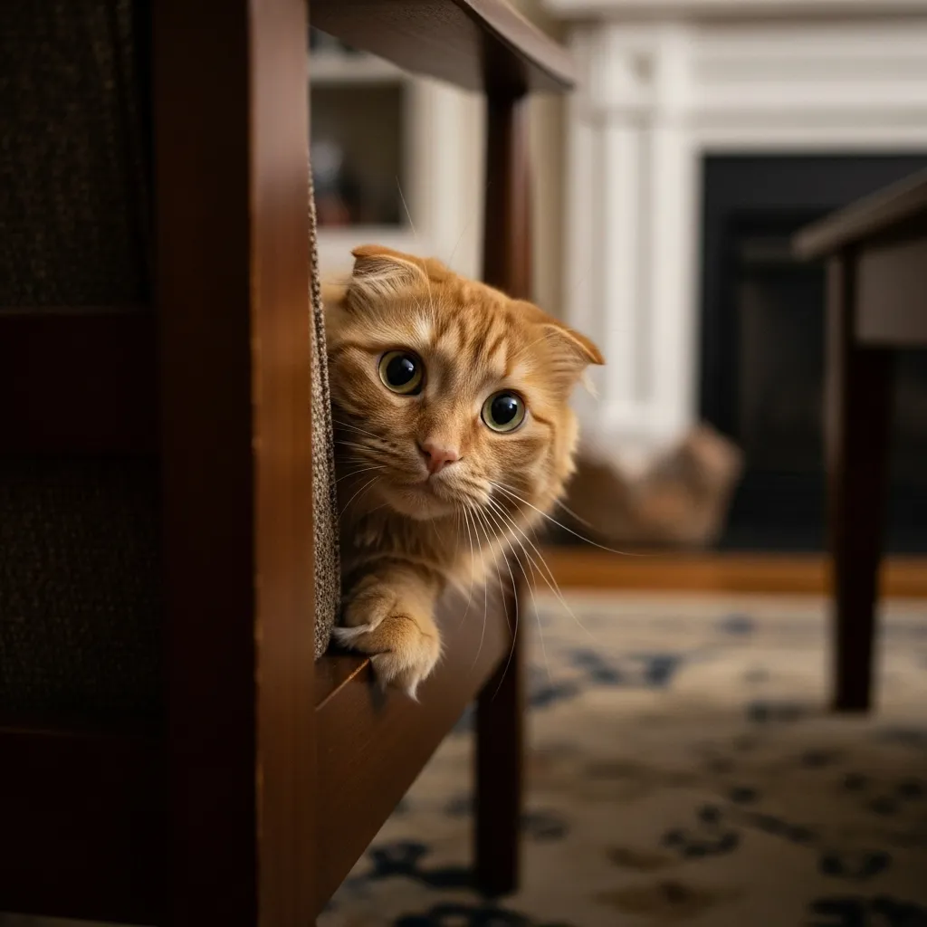 Cat peeking from behind furniture, showing cat hiding behavior caused by environmental stress.
