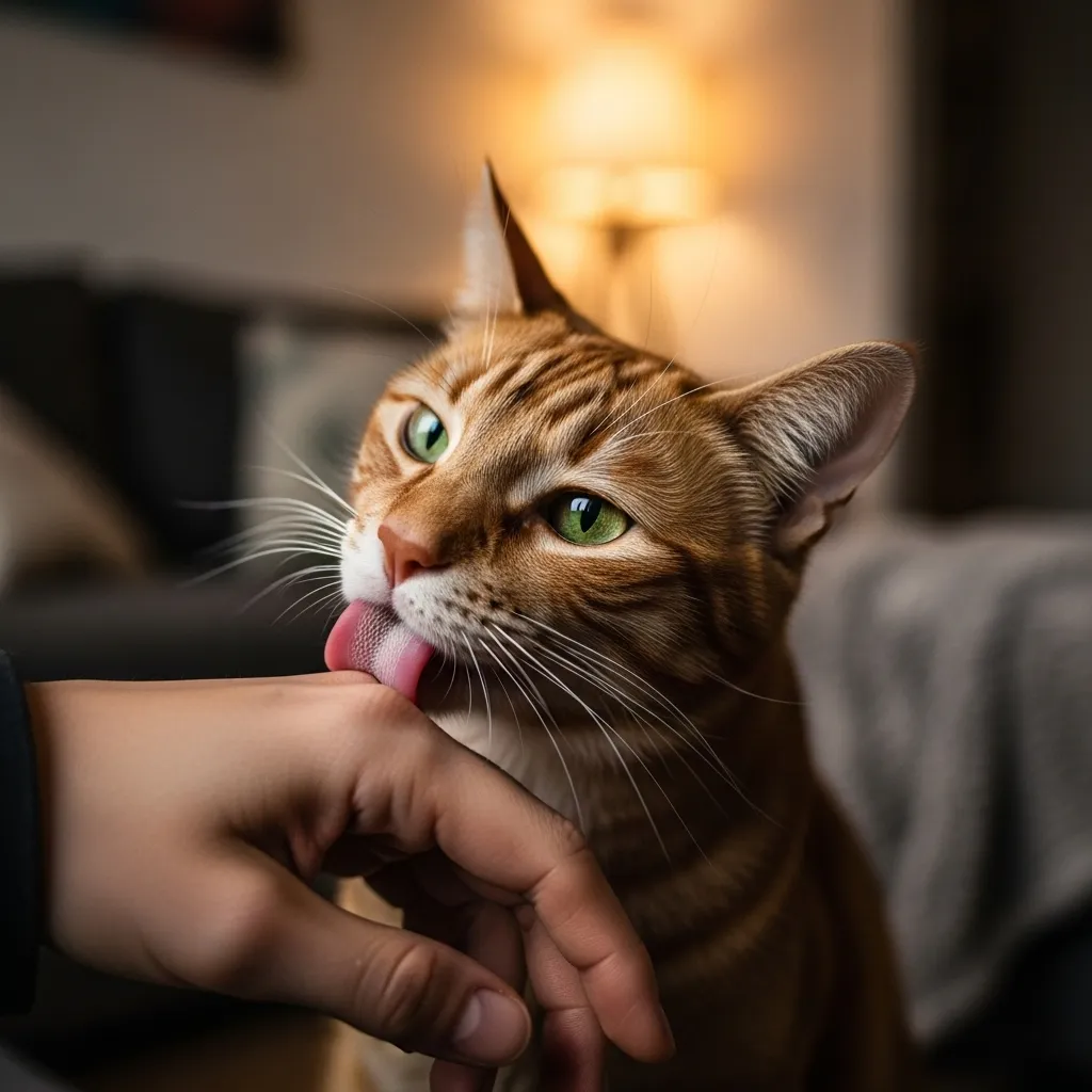 Cat licking owner’s hand, showing affection in a warm home setting.