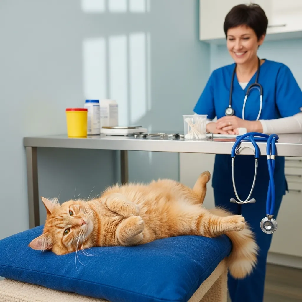 Vet examining a healthy cat, addressing medical reasons for cat licking.