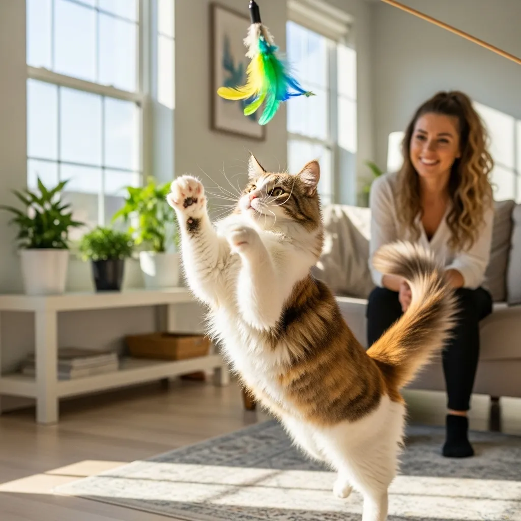 Cat playing with feather toy to redirect excessive licking behavior.