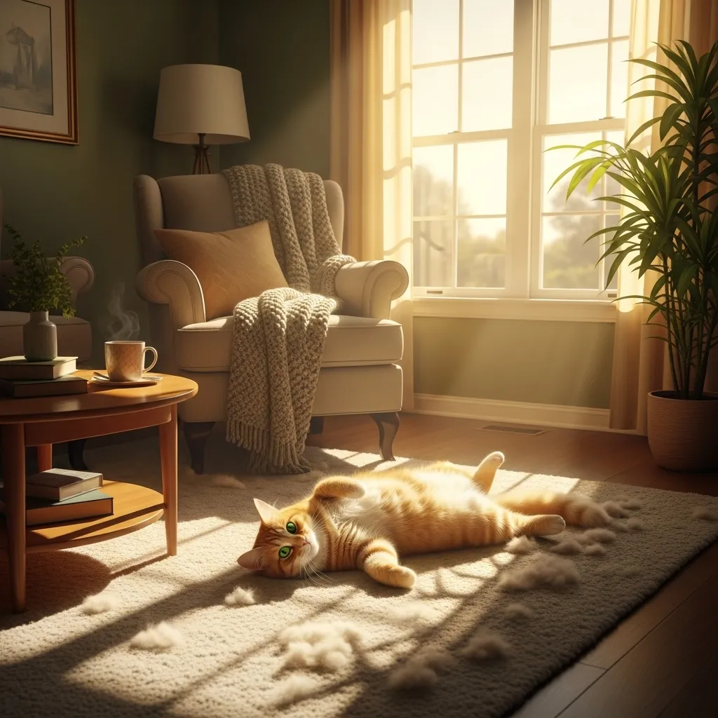 Cat shedding fur in a sunny living room, illustrating excessive cat shedding in summer.