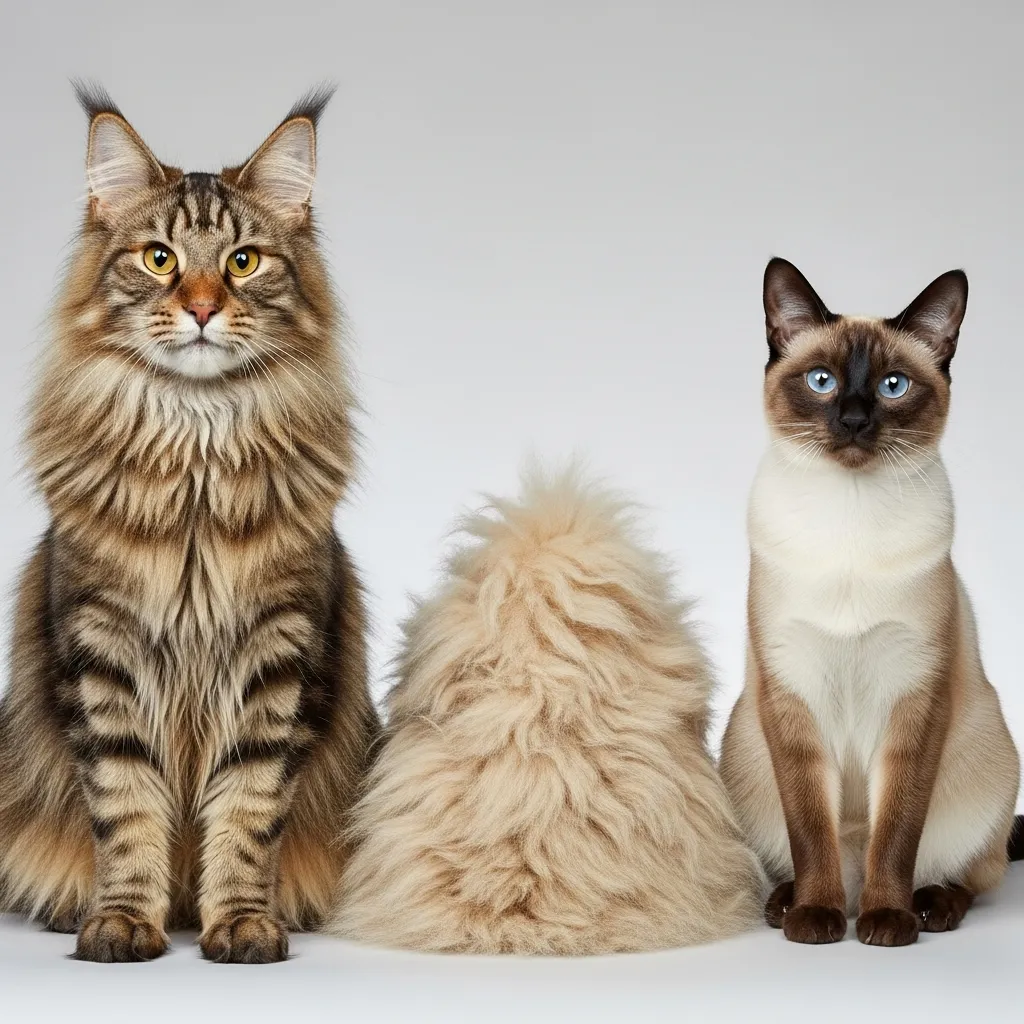  Maine Coon and Siamese cats with fur piles, showing breed-specific summer shedding in cats.