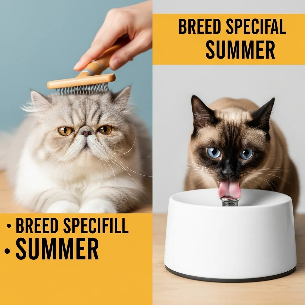 Persian cat being brushed and Siamese drinking water, showing summer grooming tips for cats.