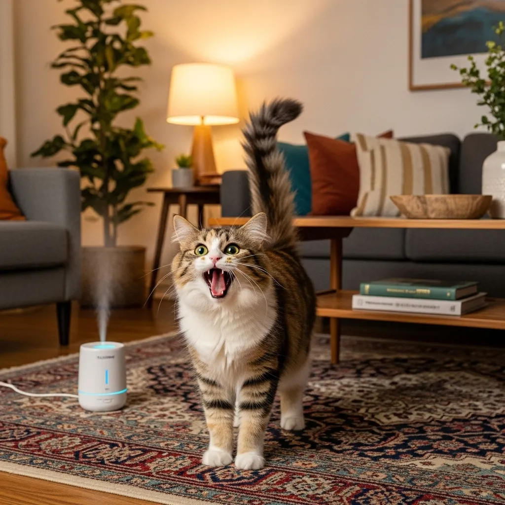 Cat lifting bum and crying in a cozy living room, showing feline heat or communication behavior.