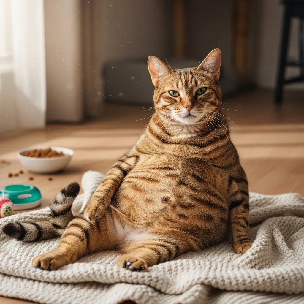 Pregnant tabby cat resting comfortably, showcasing cat pregnancy signs.