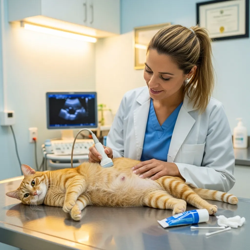 Vet checking a pregnant cat, emphasizing feline pregnancy care.
