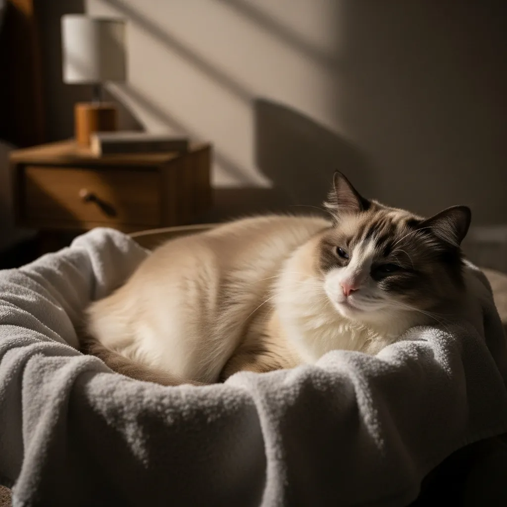 Pregnant Ragdoll in a cozy nesting box, showcasing cat nesting behavior.