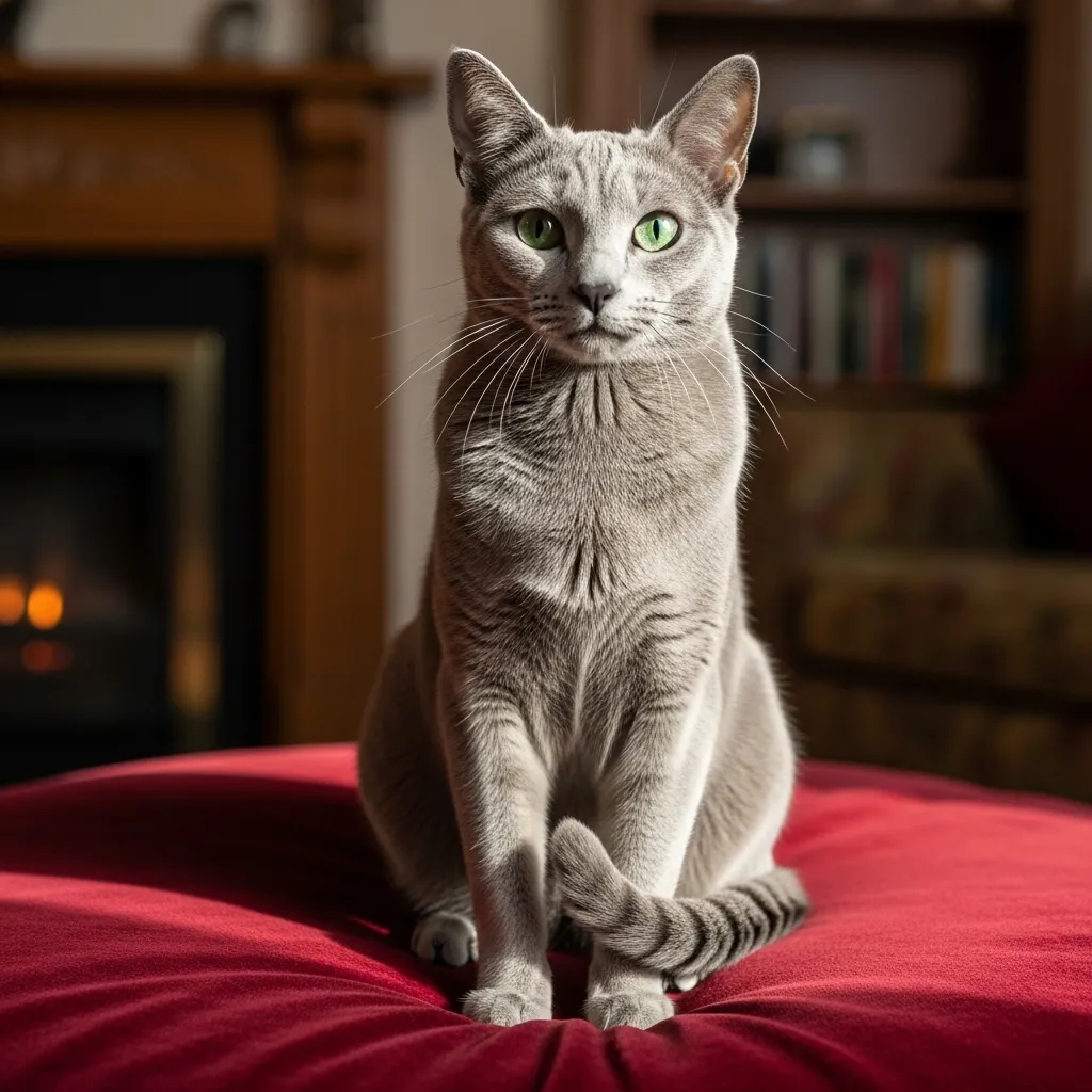 Russian Blue cat on velvet cushion, showcasing its elegant temperament.