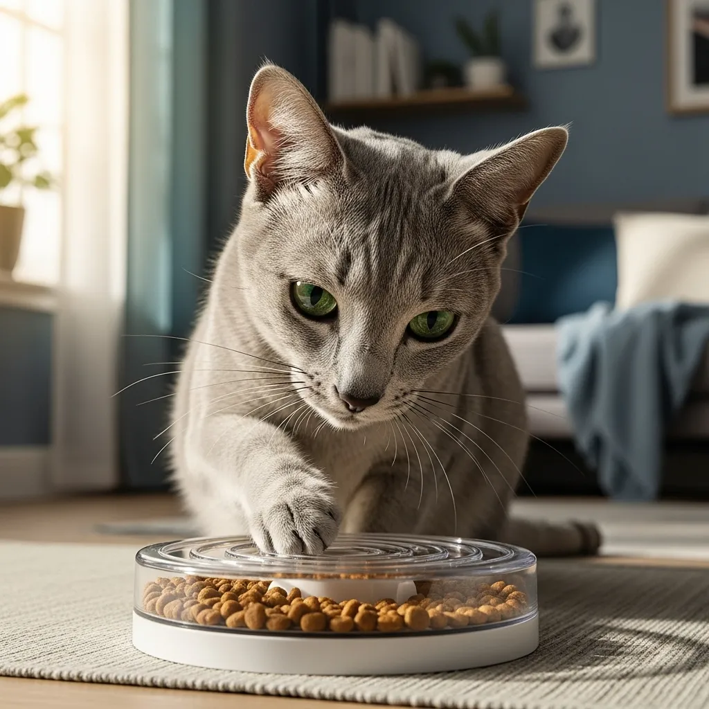 Russian Blue cat playing with puzzle feeder, highlighting its intelligent personality.