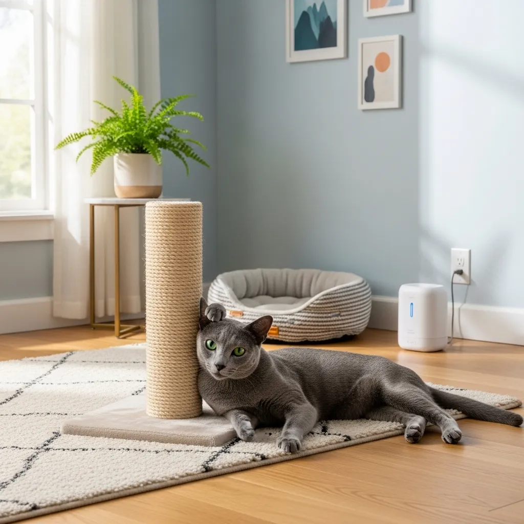 Russian Blue cat in calm environment with Feliway diffuser, reducing aggression.