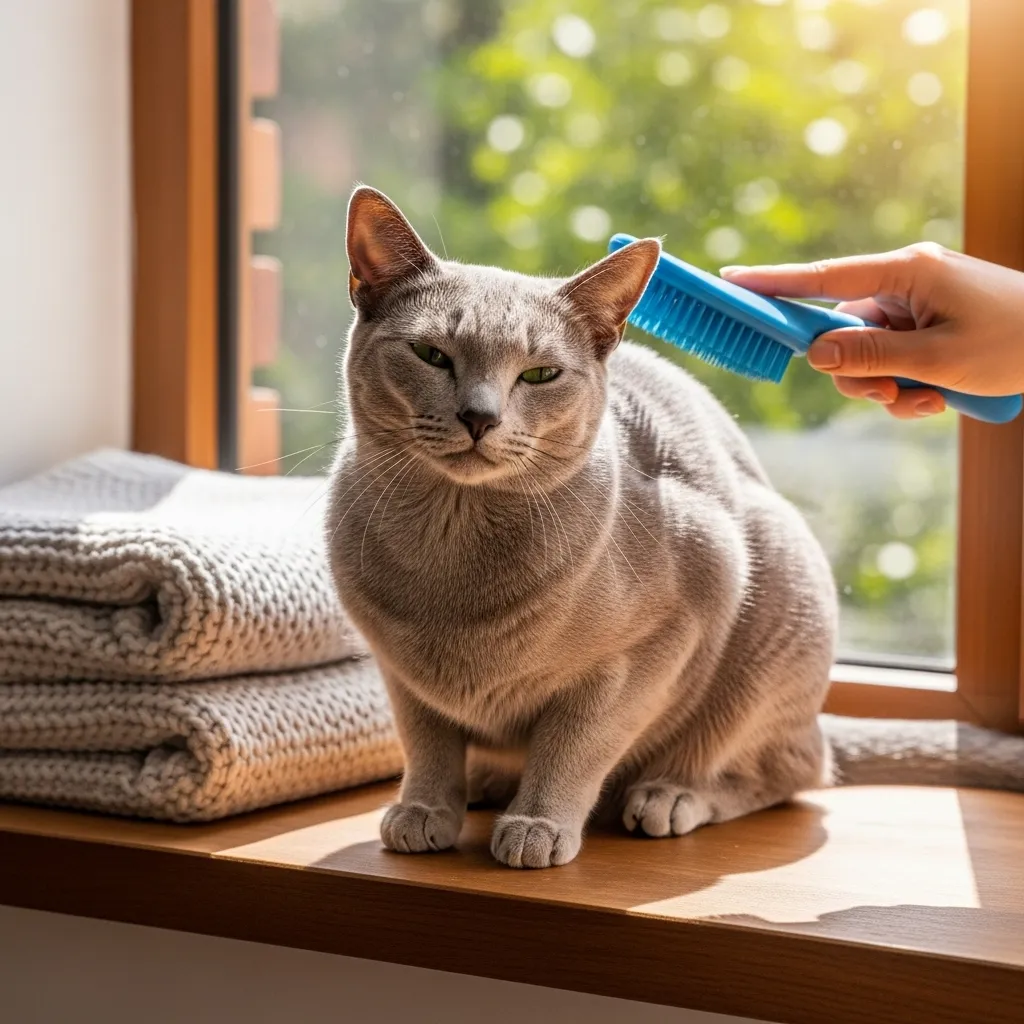  Russian Blue cat during a grooming session, showcasing easy coat care.