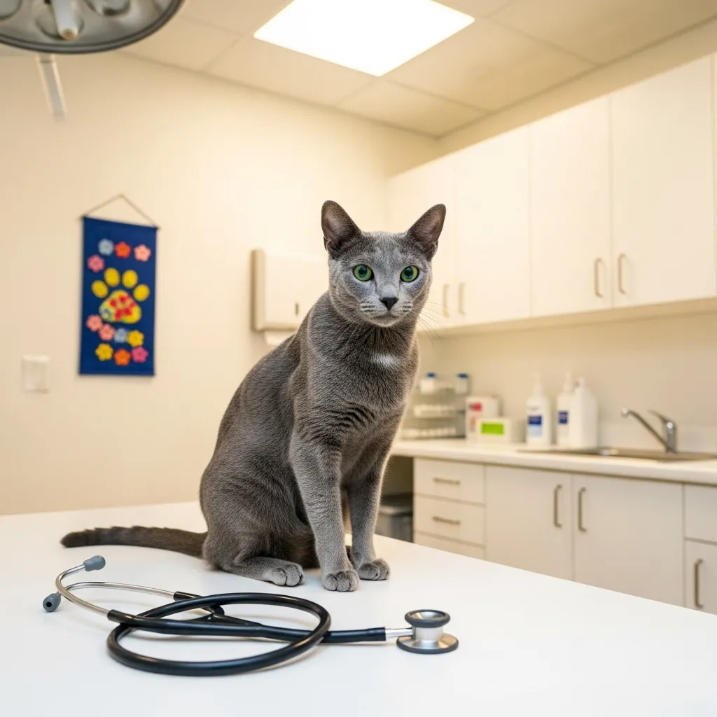 Russian Blue cat at vet checkup, emphasizing proactive health care.