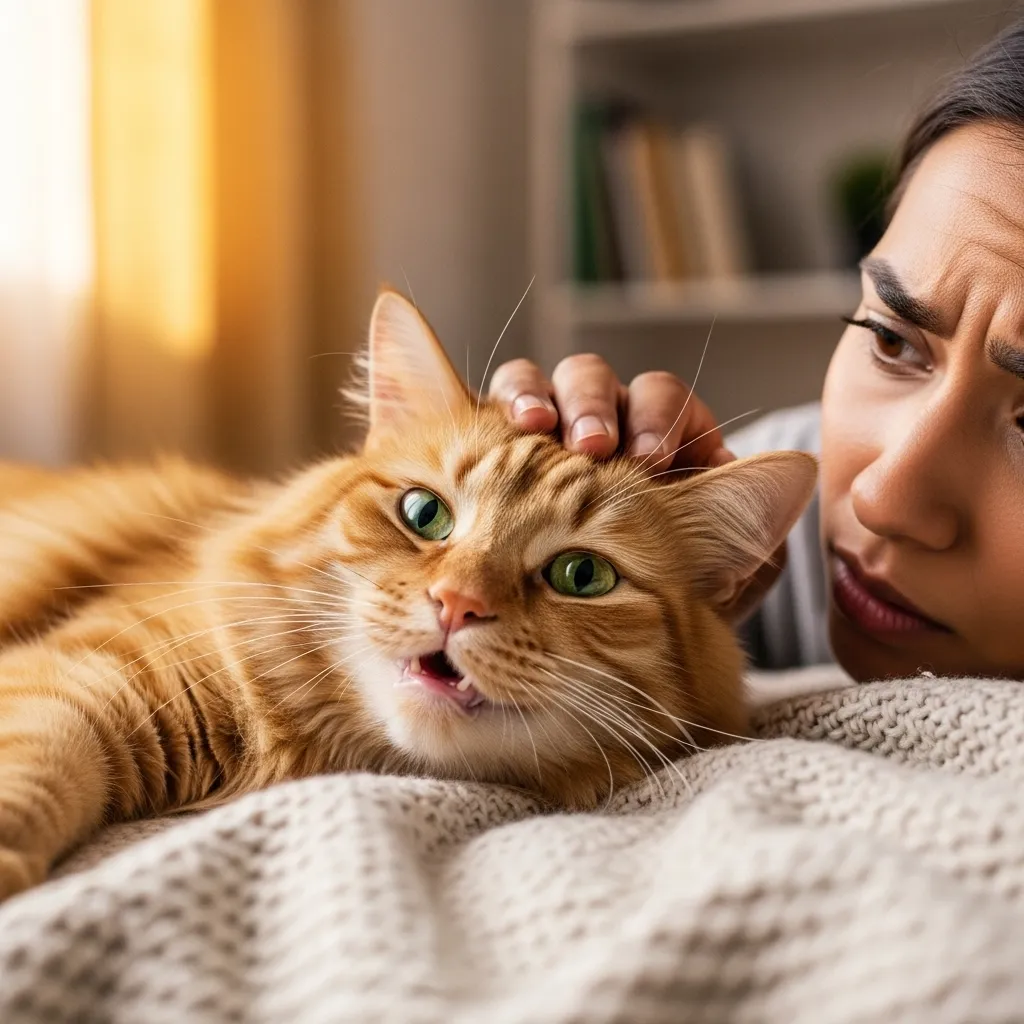 Cat purring while being petted, showing signs of coughing.