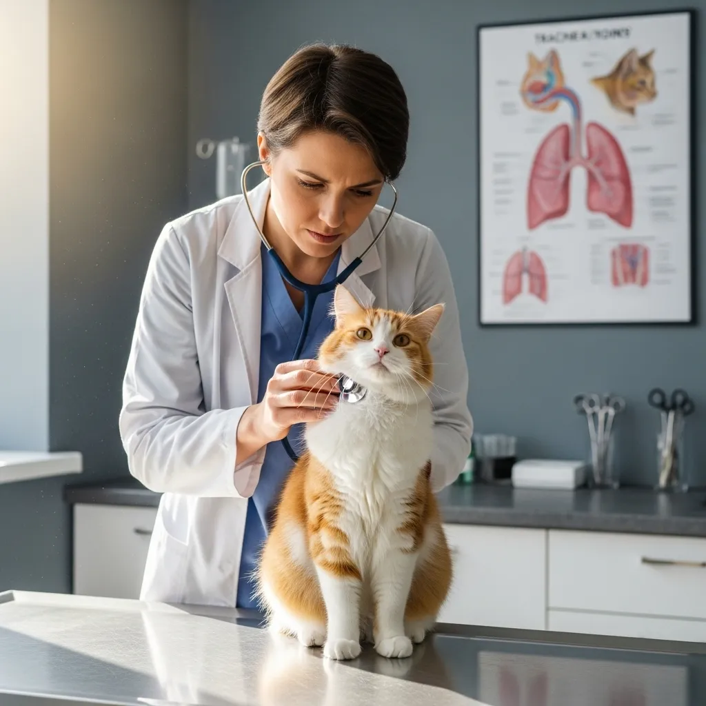 Vet examining cat for coughing issues during a checkup.
