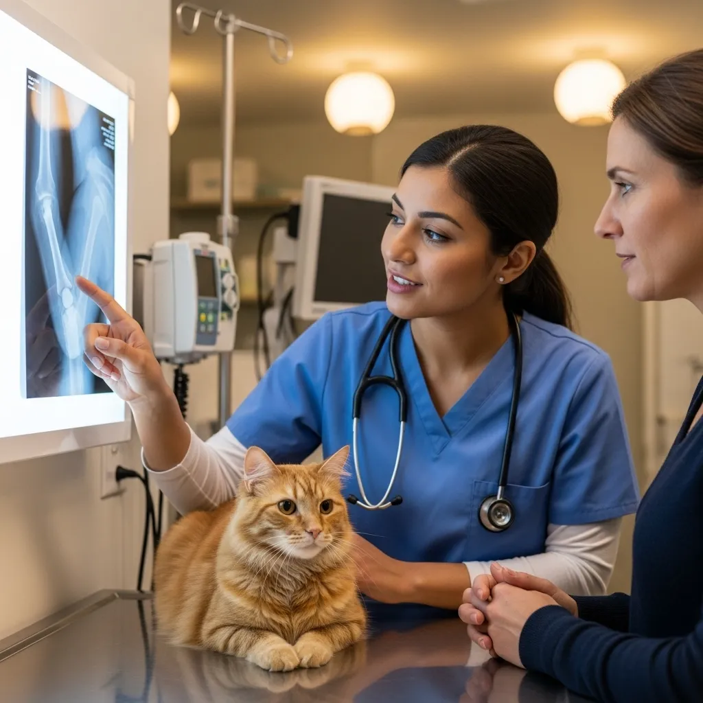 Veterinarian discussing cat coughing diagnosis with owner.