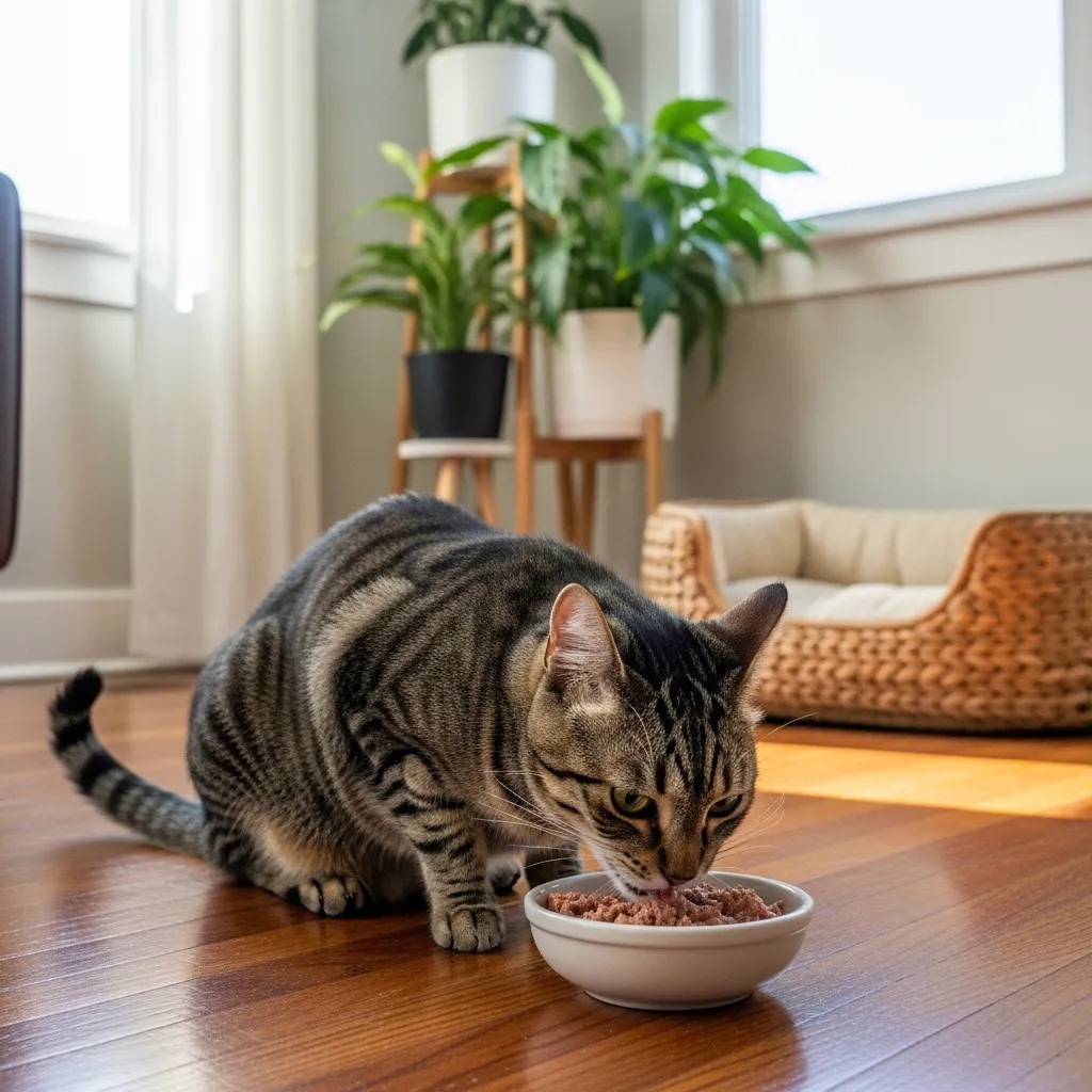  Healthy cat eating wet food in a safe, clean environment.