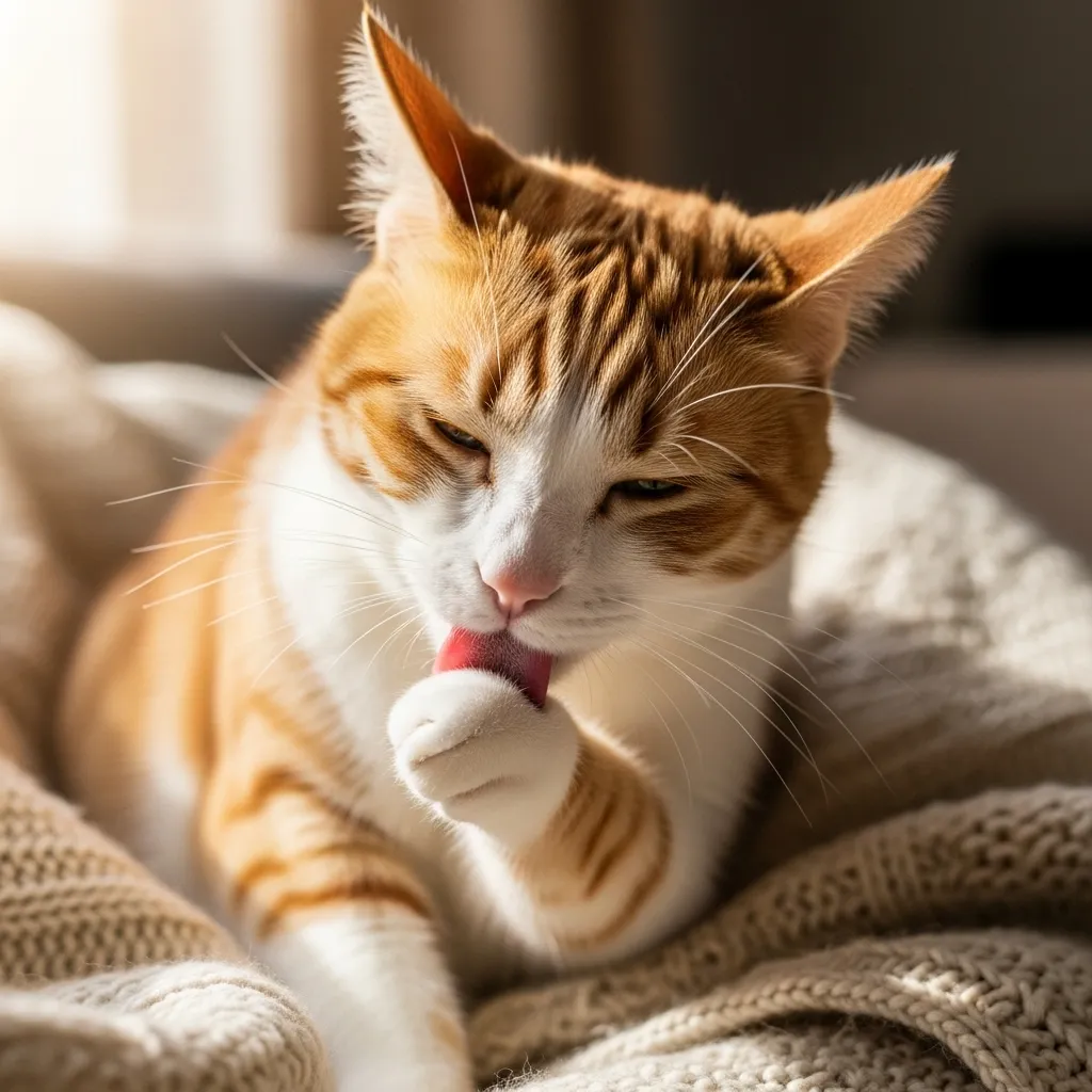 Cat grooming on a blanket, illustrating the source of cat hairballs.
