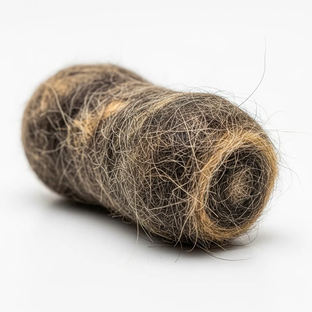  Close-up of a cat hairball, demonstrating its cylindrical shape and fur composition.