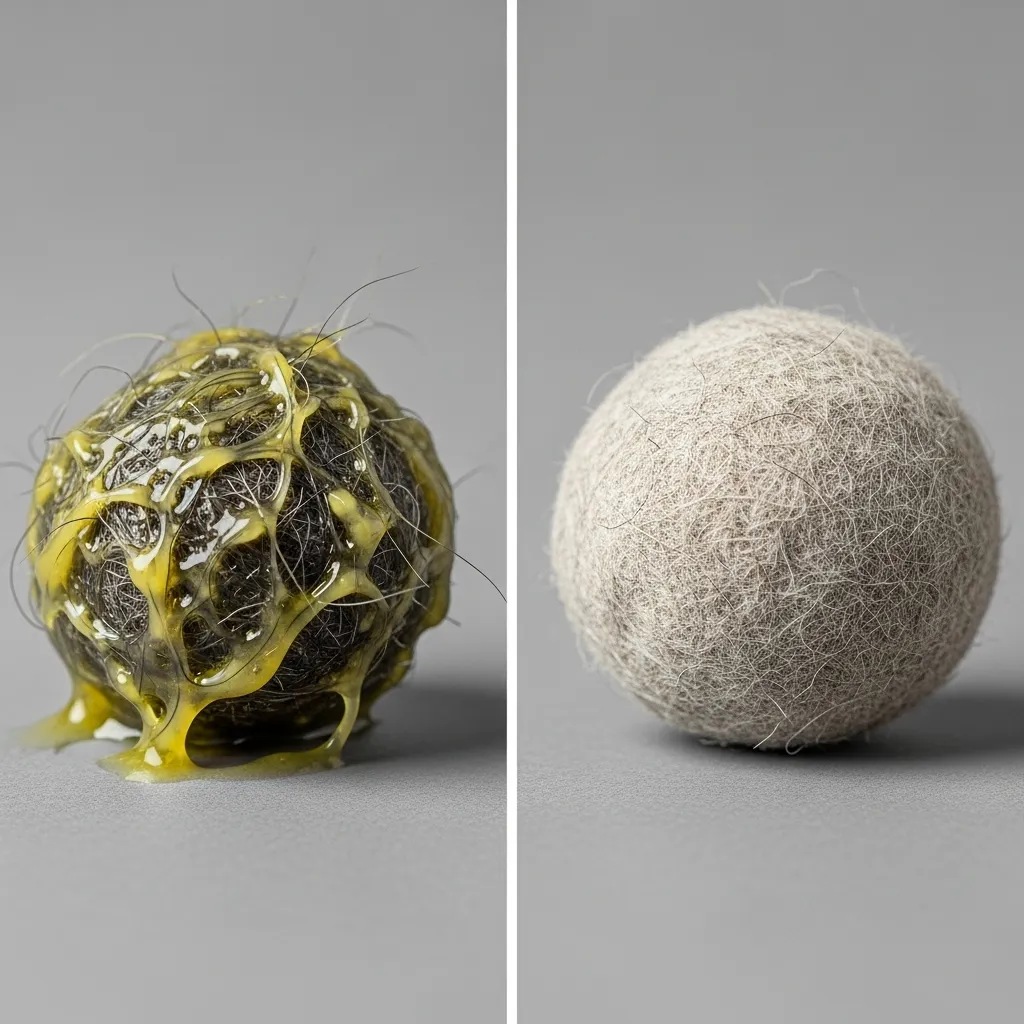 Wet vs dry cat hairball comparison, showing differences in texture and appearance.
