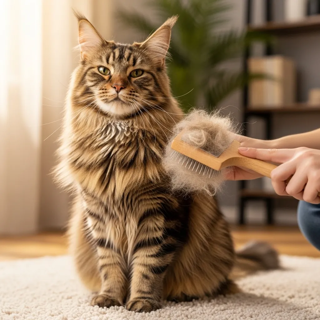 Maine Coon cat being groomed to prevent hairballs.