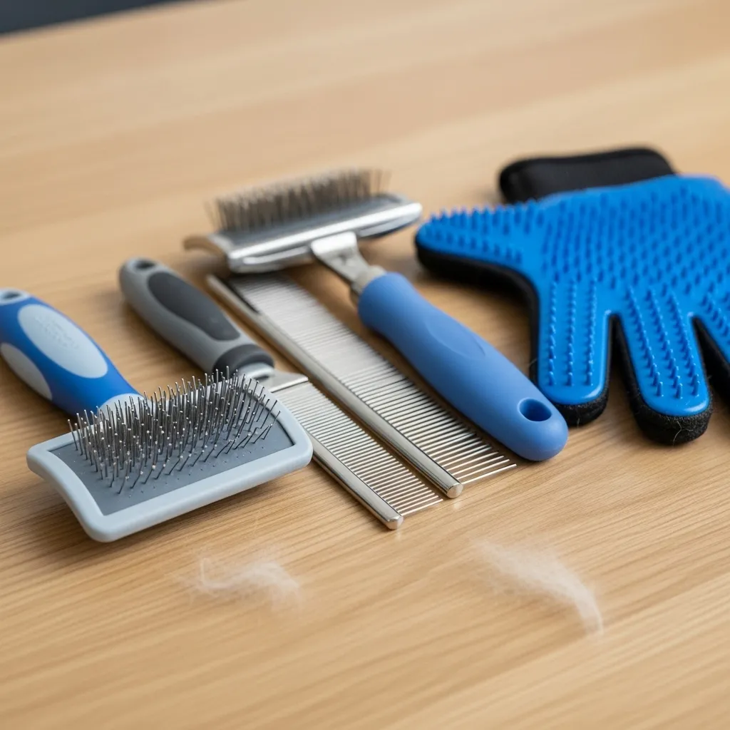 Cat grooming tools for preventing hairballs, including brushes and combs.
