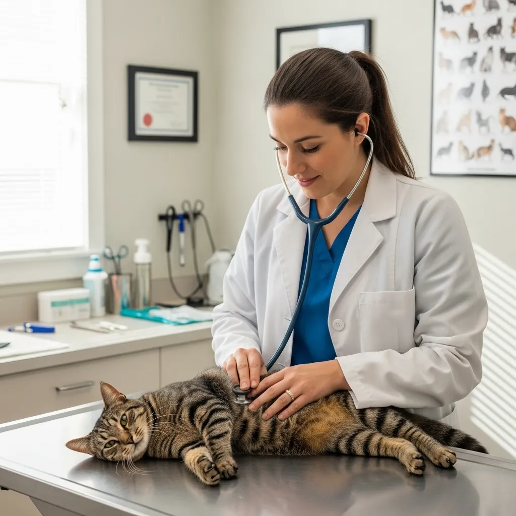 Veterinarian checking a cat for hairball-related issues.