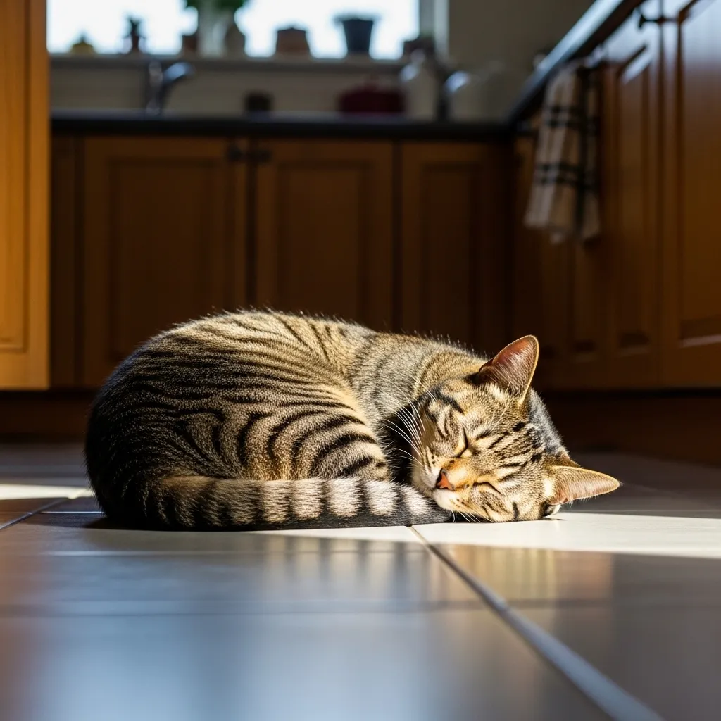 Tabby cat sleeping on cool tile floor - why cats sleep on floor explained