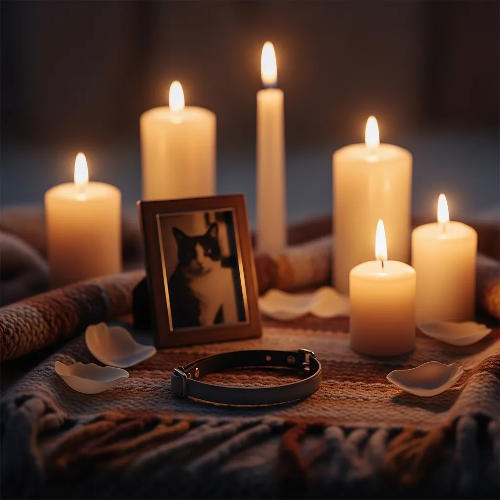 Candlelit memorial with a cat’s collar and photo frame on a blanket, symbolizing coping with the loss of a cat.