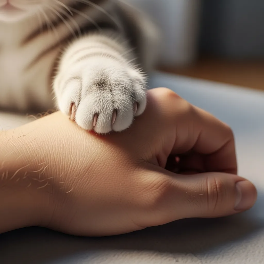  Cat’s paw on a human hand, representing the bond when coping with the loss of a cat.