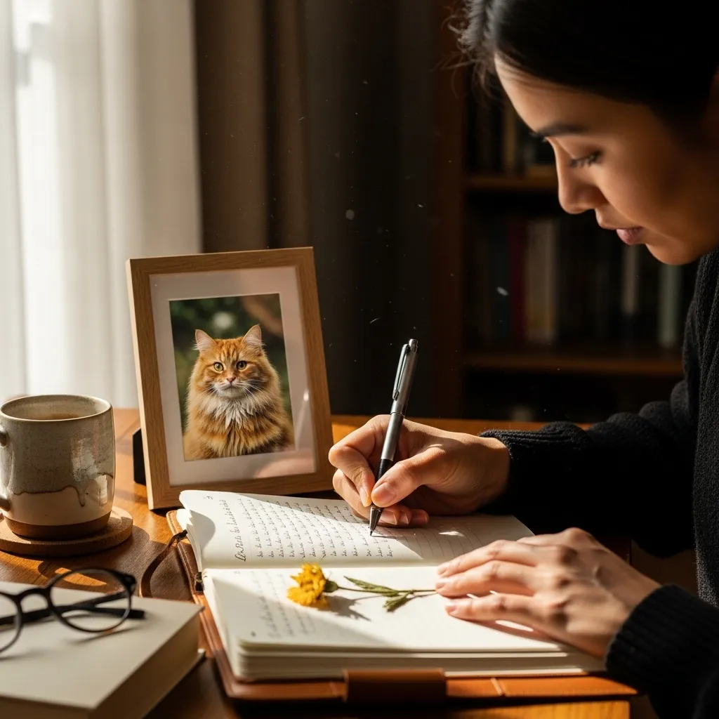 Person journaling with a cat photo, symbolizing emotional healing after pet loss.