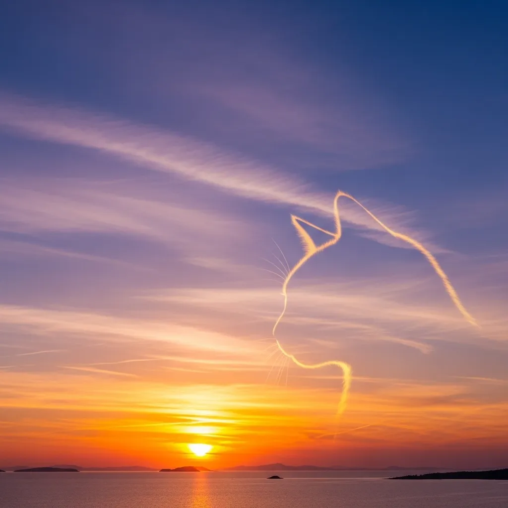 Sunset with a cat silhouette in clouds, symbolizing signs your cat is still with you spiritually.