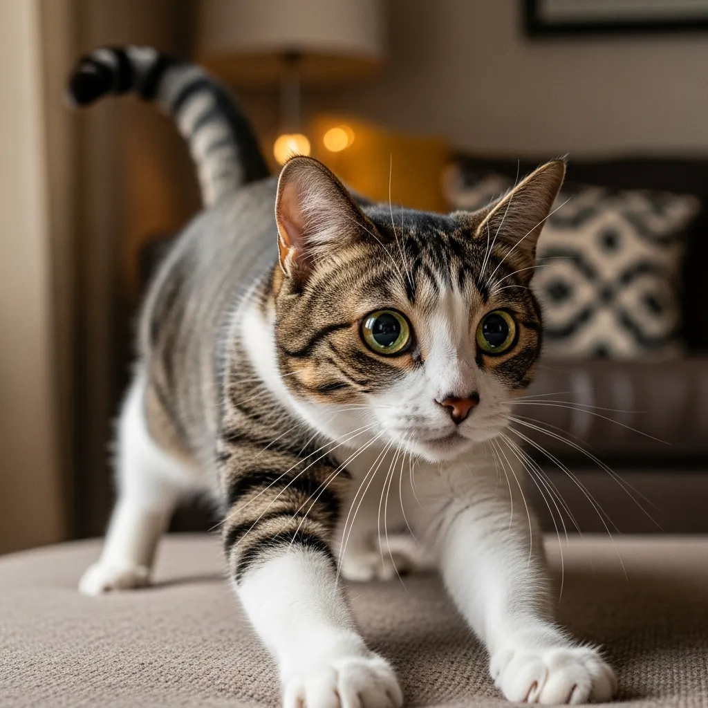  Cat in stalking pose with wide eyes and twitching tail in a cozy living room.