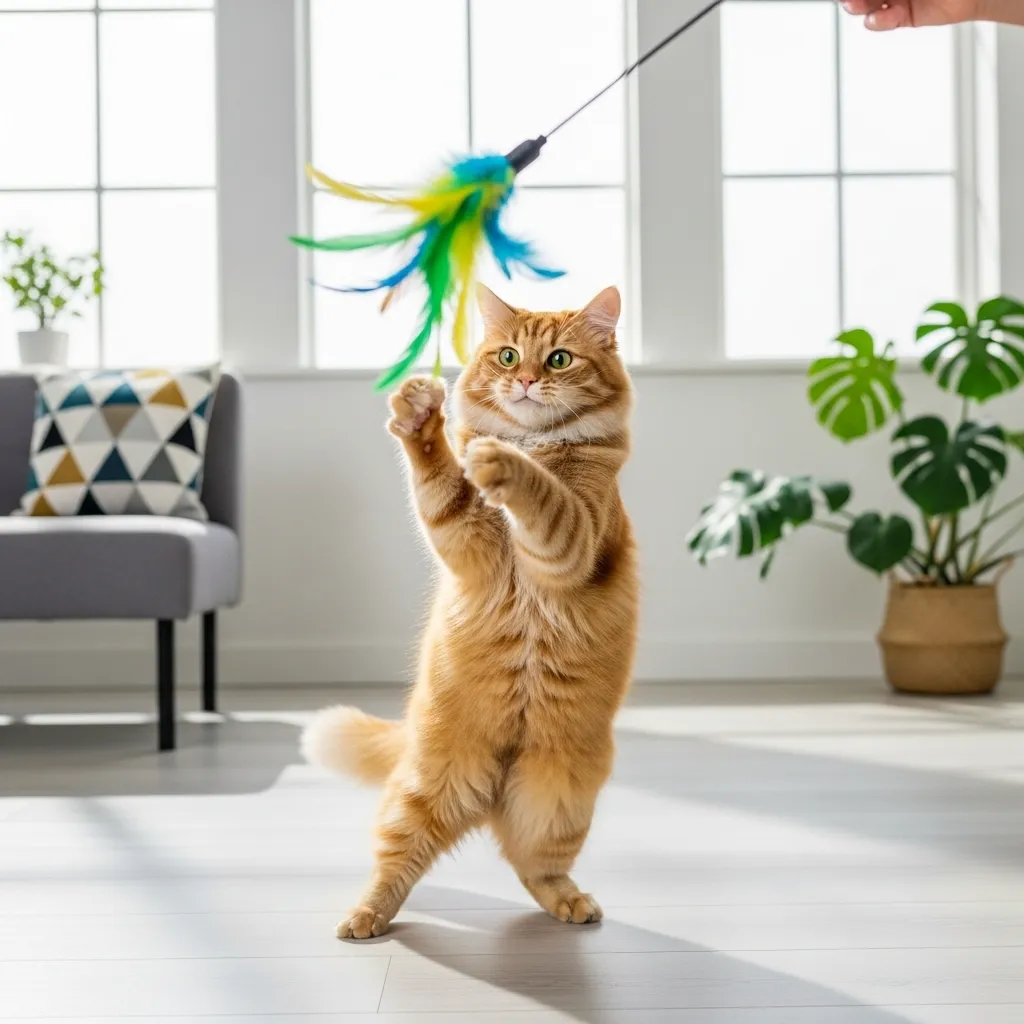 Playful cat pouncing on a feather toy in a bright home.
