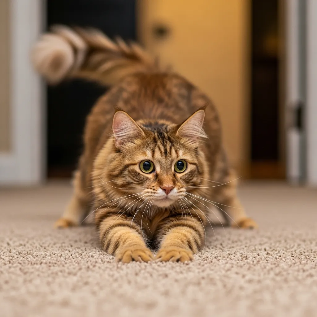 Cat with dilated pupils and twitching tail in a stalking pose on a carpet.
