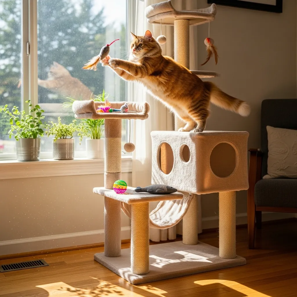 Cat playing on a multi-level cat tree in a sunny room.