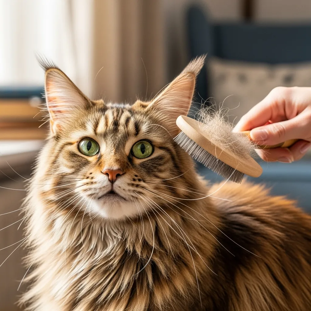  A close-up of a happy, fluffy Maine Coon cat being gently brushed, with soft fur gleaming under natural light, cozy indoor setting.