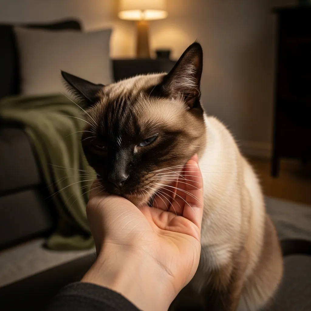 Siamese cat rubbing face on hand, releasing sweet-scented pheromones.