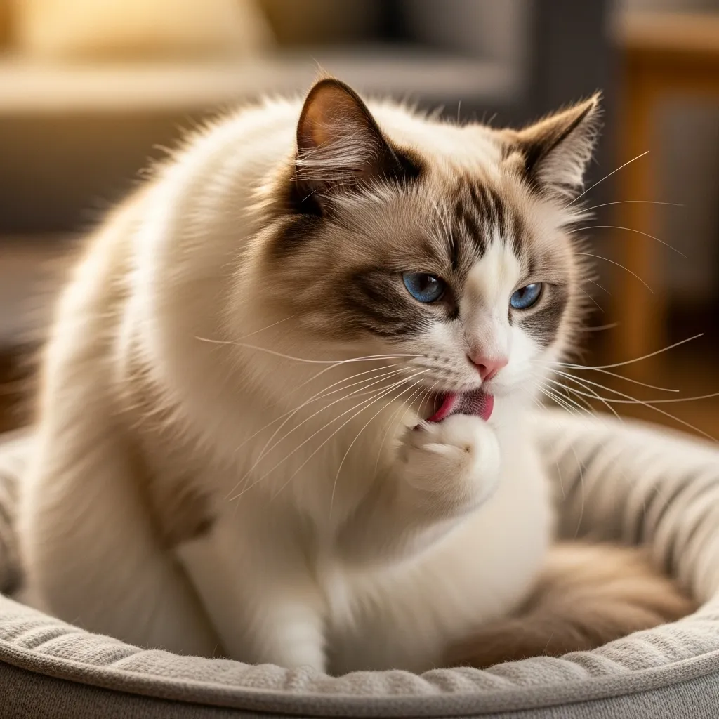 Ragdoll cat grooming paw, enhancing its natural sweet-smelling fur.