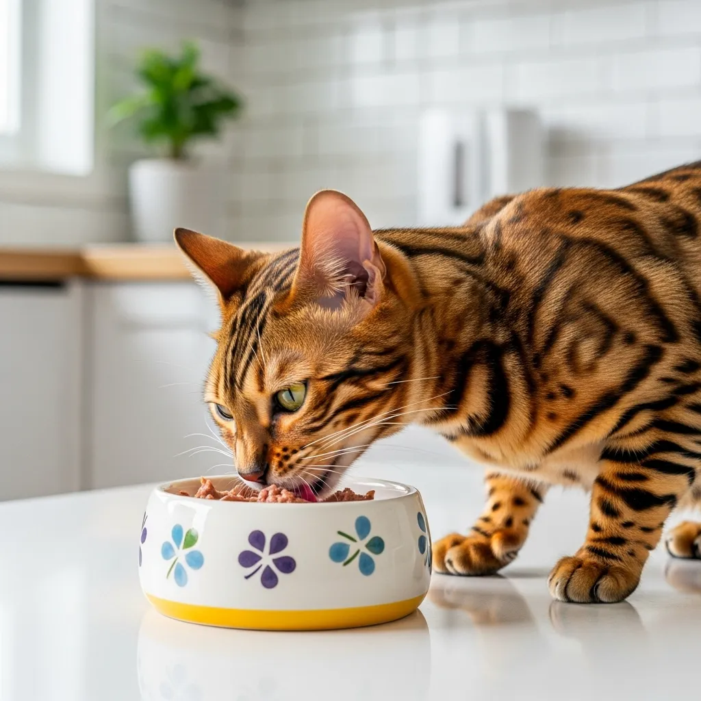 Bengal cat eating wet food, supporting a healthy, sweet-smelling coat.