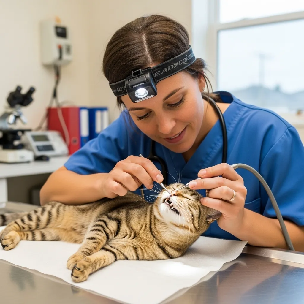 Vet checking cat’s teeth for dental issues affecting sweet breath odor.
