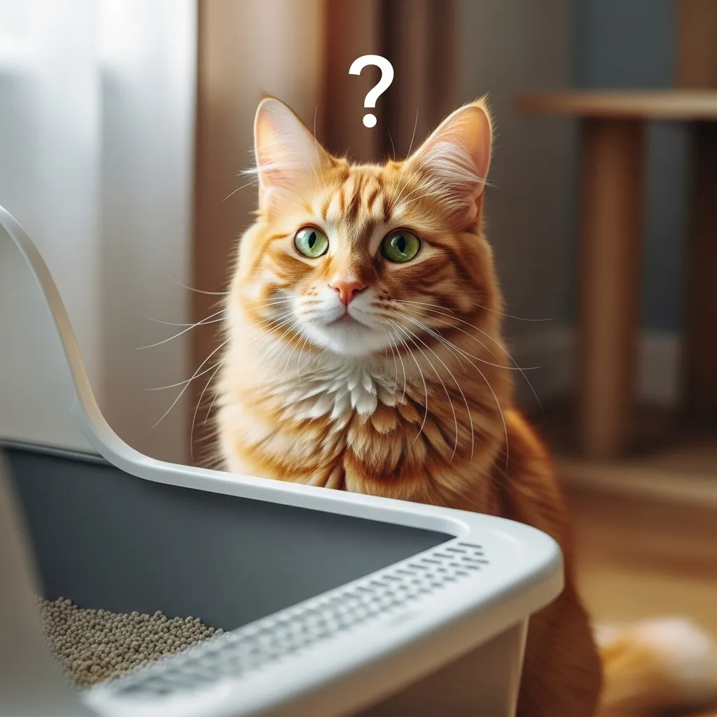 Curious cat near litter box in cozy room, symbolizing solutions for peeing issues.