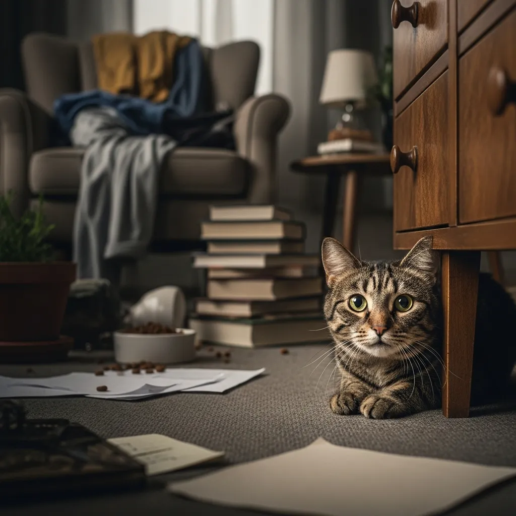Stressed cat hiding under furniture, highlighting stress-related peeing behavior.