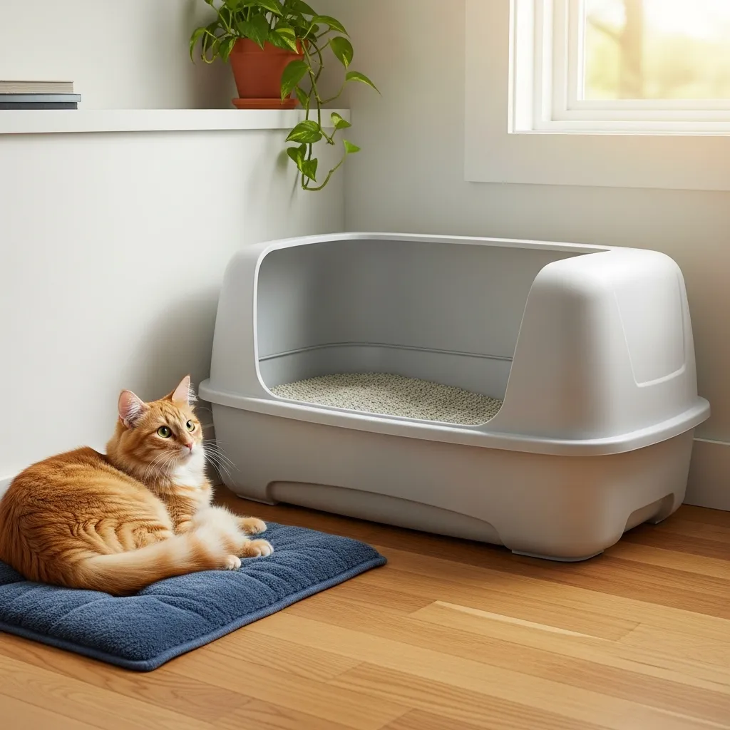Happy cat near a clean, spacious litter box in a quiet home corner.