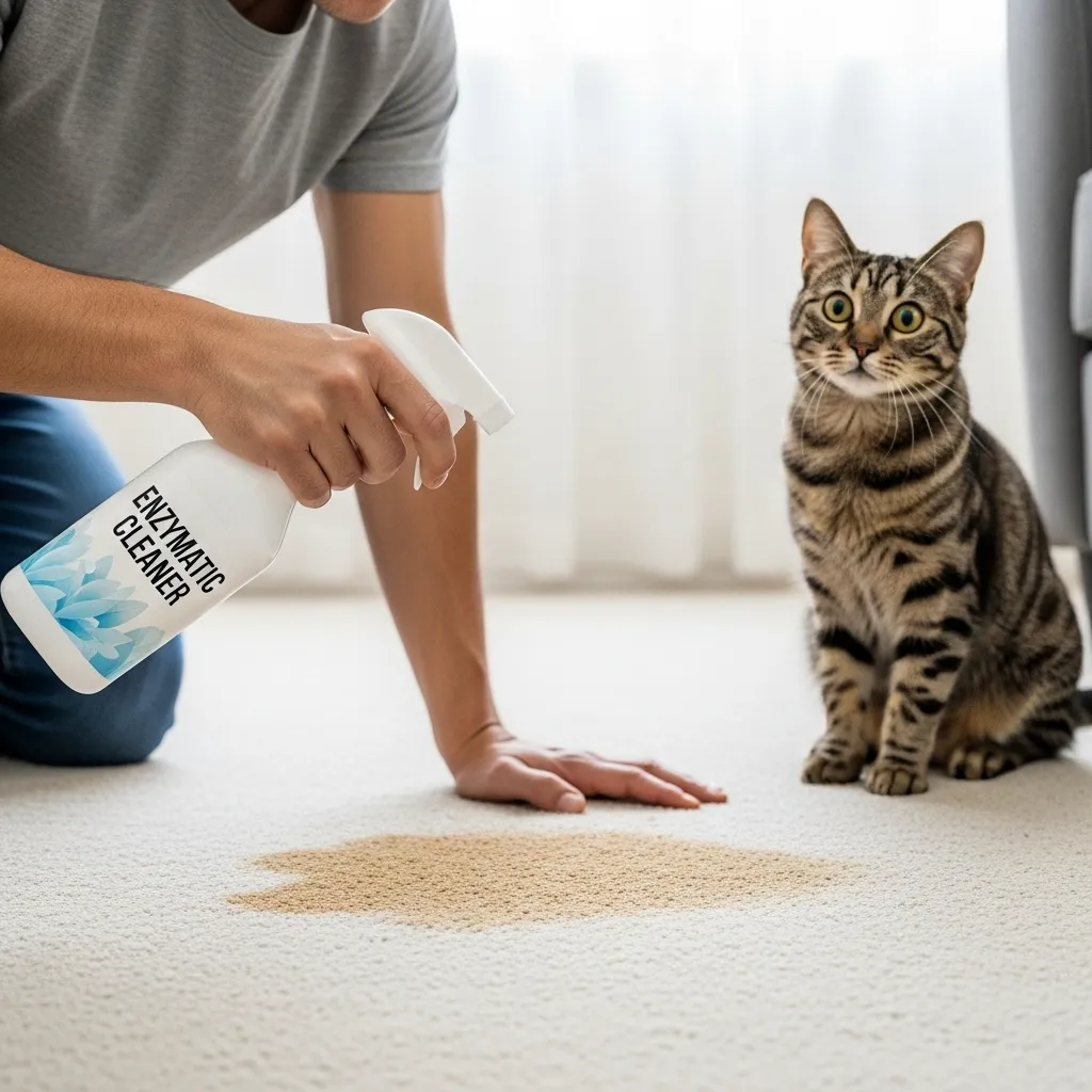 Person cleaning carpet with enzymatic cleaner to remove cat urine odor.