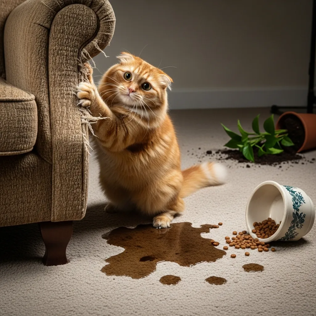 Cat scratching furniture near a carpet stain, indicating stress-related behaviors.
