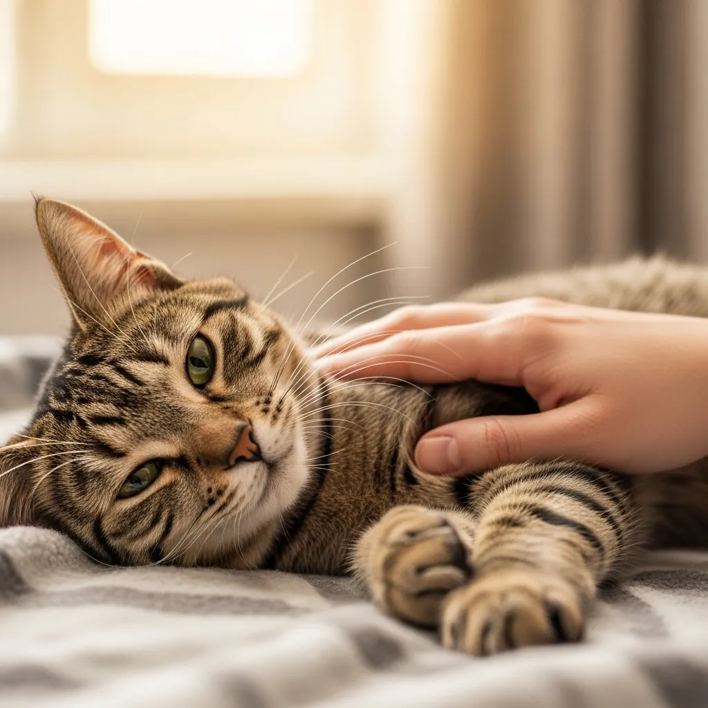 Tabby cat resting on a blanket while its heart rate is checked by a gentle hand.