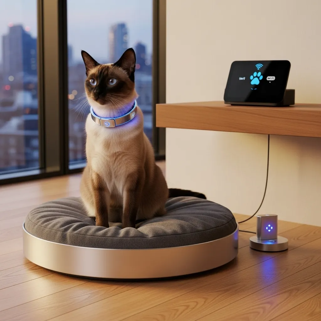 Siamese cat with a smart collar for heart rate monitoring.